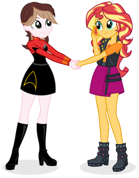Size: 1492x1916 | Tagged: safe, artist:shizow, derpibooru import, sunset shimmer, oc, oc:captain becky ray shoichet, equestria girls, boots, clothes, equestria girls-ified, g4, image, png, rebecca shoichet, shoes, simple background, skirt, transparent background
