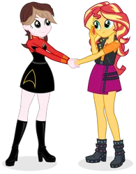 Size: 1492x1916 | Tagged: safe, artist:shizow, derpibooru import, sunset shimmer, oc, oc:captain becky ray shoichet, equestria girls, boots, clothes, equestria girls-ified, g4, image, png, rebecca shoichet, shoes, simple background, skirt, transparent background
