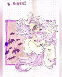 Size: 640x800 | Tagged: safe, artist:larvaecandy, derpibooru import, fluttershy, bat, bat pony, pony, alternate cutie mark, alternate eye color, bat nose, bat ponified, big ears, colored hooves, colored pencil drawing, colored pinnae, colored wings, cute, cute little fangs, ear tufts, eyelashes, fangs, female, flutterbat, flying, g4, image, jpeg, lidded eyes, long mane, long tail, mare, open mouth, open smile, passepartout, pink eyes, pink mane, pink tail, purple text, race swap, raised hoof, raised hooves, red eyes, shiny hooves, smiling, solo, spread wings, tail, text, traditional art, two toned wings, unshorn fetlocks, veiny wings, wingding eyes, wings, yellow coat