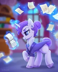 Size: 1024x1280 | Tagged: safe, artist:scheadar, derpibooru import, rarity, pony, unicorn, alternate hairstyle, alternate timeline, blurry background, carousel boutique, clothes, eyebrows, eyeshadow, female, g4, glow, glowing horn, horn, image, indoors, jpeg, levitation, magic, magic aura, makeup, mare, night maid rarity, nightmare takeover timeline, notepad, paper, raised hoof, short tail, signature, solo, sparkles, tail, telekinesis, unshorn fetlocks