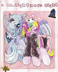 Size: 640x801 | Tagged: safe, artist:larvaecandy, derpibooru import, princess luna, oc, alicorn, bat pony, pony, :3, bat pony oc, bat wings, blue coat, blue mane, blue tail, blush scribble, blushing, canon x oc, clothes, colored pinnae, colored sclera, colored wings, colored wingtips, costume, crown, duo, ear tufts, eye clipping through hair, fangs, female, floating heart, floppy ears, g4, heart, hoof shoes, horn, image, jewelry, jpeg, leonine tail, long mane, long tail, looking at each other, looking at someone, mare, missing accessory, multicolored mane, multicolored tail, nightmare night costume, one wing out, open mouth, open smile, passepartout, pink coat, princess shoes, raised hoof, red sclera, regalia, robe, s1 luna, slit pupils, smiling, smiling at each other, standing, sticker, tail, tiara, traditional art, two toned wings, unicorn horn, wings, yellow eyes