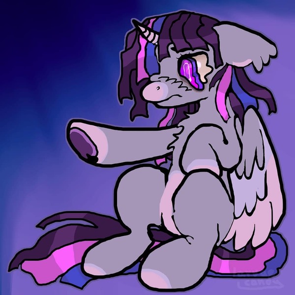 Size: 1000x1000 | Tagged: safe, artist:larvaecandy, derpibooru import, twilight sparkle, twilight sparkle (alicorn), alicorn, pony, alternate color palette, alternate design, alternate hair color, alternate tail color, chest fluff, coat markings, colored belly, colored hooves, colored horn, colored muzzle, colored pinnae, colored wings, curved horn, ear fluff, female, floppy ears, frown, g4, gradient background, hoof out, horn, image, jpeg, long mane, long tail, looking at something, mare, missing cutie mark, multicolored mane, multicolored tail, multicolored wings, pale belly, partially open wings, profile, purple eyes, shiny mane, shiny tail, signature, sitting, socks (coat marking), straight mane, straight tail, tail, underhoof, wingding eyes, wings