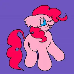 Size: 678x678 | Tagged: safe, artist:larvaecandy, derpibooru import, pinkie pie, earth pony, pony, big ears, blue eyes, colored, curly mane, curly tail, ear fluff, eyelashes, female, flat colors, floppy ears, g4, image, jpeg, long mane, long tail, looking back, looking to the left, mare, missing cutie mark, ms paint, open mouth, open smile, pink coat, pink mane, pink tail, profile, purple background, raised hoof, sideways glance, simple background, smiling, solo, standing, tail, wingding eyes