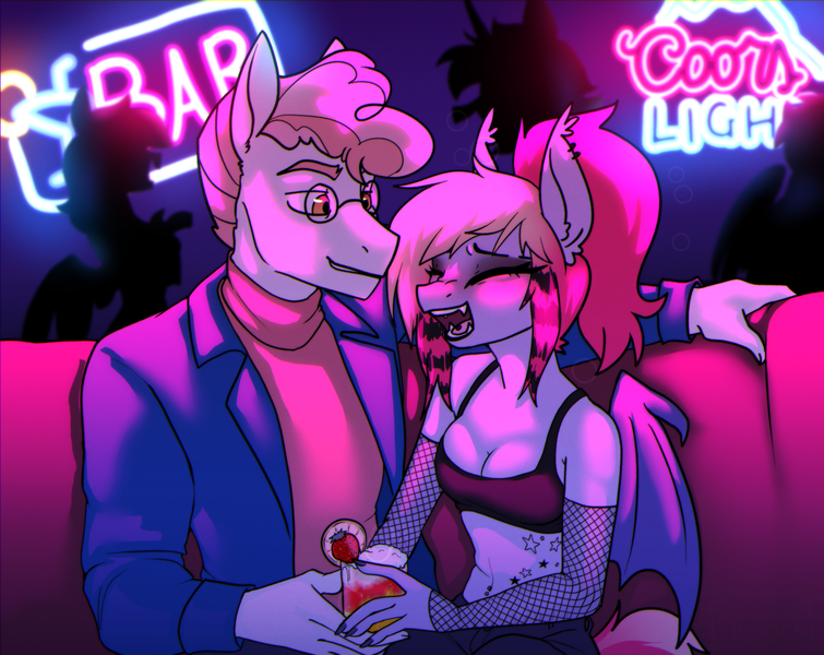 Size: 2565x2038 | Tagged: safe, artist:b(r)at, derpibooru import, svengallop, oc, oc:batty bliss, anthro, bat pony, earth pony, pony, bar, breasts, drink, drinking, drunk, fishnets, glasses, image, piercing, png, small breasts