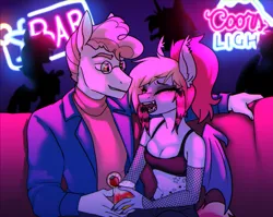 Size: 2565x2038 | Tagged: safe, artist:b(r)at, derpibooru import, svengallop, oc, oc:batty bliss, anthro, bat pony, earth pony, pony, bar, breasts, drink, drinking, drunk, fishnets, glasses, image, piercing, png, small breasts