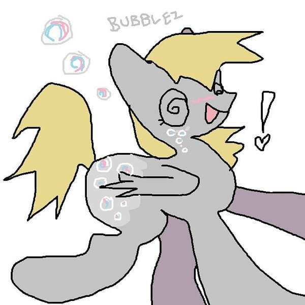 Size: 678x678 | Tagged: safe, artist:larvaecandy, derpibooru import, derpy hooves, pegasus, pony, blonde mane, blonde tail, blush scribble, blushing, bubble, colored, emanata, exclamation point, facial markings, female, flat colors, folded wings, g4, gray coat, gray text, image, jpeg, long mane, long tail, mare, ms paint, open mouth, open smile, raised hoof, raised leg, simple background, smiling, solo, standing, swirly eyes, tail, text, white background, wings