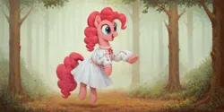 Size: 2560x1280 | Tagged: safe, ai content, derpibooru import, machine learning assisted, machine learning generated, stable diffusion, pinkie pie, clothes, embroidery, forest, forest background, generator:pony diffusion v6 xl, image, jpeg, jumping, slavic, smiling, solo, tree