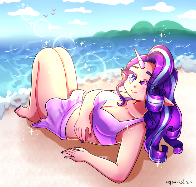 Size: 3500x3347 | Tagged: safe, artist:mylittleyuri, derpibooru import, starlight glimmer, human, beach, blush lines, blushing, breasts, busty starlight glimmer, cleavage, clothes, elf ears, female, high res, horn, horned humanization, humanized, image, looking at you, looking back, looking back at you, lying down, ocean, on back, one eye closed, png, signature, smiling, smiling at you, solo, swimsuit, water