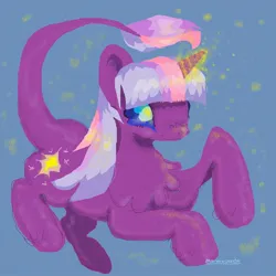 Size: 1440x1440 | Tagged: safe, artist:larvaecandy, derpibooru import, twilight twinkle, pony, unicorn, g3, blue background, blue eyes, chest fluff, colored pupils, female, glow, glowing horn, hooves in air, horn, image, jpeg, leonine tail, magic, mare, multicolored mane, multicolored tail, no mouth, purple coat, race swap, shiny mane, shiny tail, signature, simple background, sparkles, straight mane, tail, unicorn horn, watermark, wingding eyes