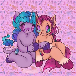 Size: 1440x1440 | Tagged: safe, derpibooru import, izzy moonbow, sunny starscout, anthro, classical unicorn, earth pony, pony, unguligrade anthro, unicorn, g5, :3, big eyes, blush scribble, blushing, braid, braided ponytail, chest fluff, cloven hooves, coat markings, colored hooves, colored horn, colored pinnae, colored sclera, commission, curly mane, curly tail, duo, duo female, ear fluff, female, floating eyebrows, gradient mane, gradient tail, horn, image, jpeg, leg fluff, leonine tail, lesbian, long amne, long tail, looking at each other, looking at someone, mare, marepony, neck fluff, no catchlights, open mouth, open smile, orange coat, patterned background, pink mane, pink tail, ponytail, purple coat, purple eyes, purple sclera, shiny hooves, shiny mane, shiny tail, ship:moonscout, shipping, signature, sitting, smiling, smiling at each other, socks (coat marking), tail, teal sclera, tied mane, unicorn horn, unshorn fetlocks, wingding eyes, ych result