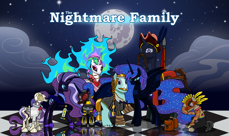 Size: 7713x4577 | Tagged: safe, artist:objectyu, derpibooru import, daybreaker, nightmare moon, nightmare rarity, rockhoof, oc, oc:103sr, oc:calcium, oc:eclipse cinaed, oc:kelpie, art pack:nightmareyu, augmented, cloud, gas mask, hazmat suit, image, mask, moon, nightmare family, png, reflection