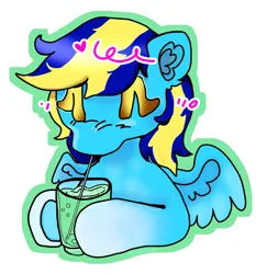 Size: 1120x1200 | Tagged: safe, artist:larvaecandy, derpibooru import, oc, oc:general mumble, unofficial characters only, pegasus, pony, blue coat, blush scribble, blushing, bust, coat markings, colored eyelashes, colored hooves, commission, drink, drinking, ear fluff, emanata, eyes closed, gradient legs, image, jpeg, male, no mouth, outline, pegasus oc, shiny mane, simple background, small wings, socks (coat marking), solo, stallion, tail, teal coat, two toned mane, two toned tail, underhoof, white background, wings