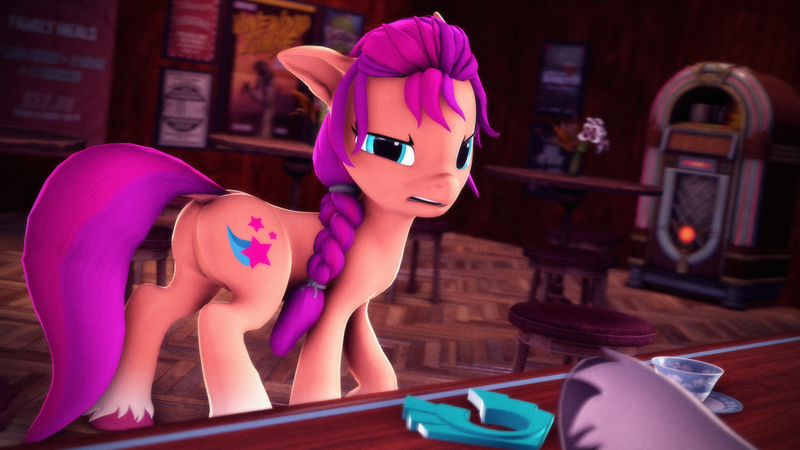 Size: 3840x2160 | Tagged: safe, artist:psfmer, derpibooru import, izzy moonbow, sunny starscout, earth pony, pony, unicorn, g5, 3d, butt, contempt, crystal tea room, derision, disgusted, female, high res, horn, image, looking at someone, mare, offscreen character, plot, png, solo focus, source filmmaker, sunny starbutt, sunny starscout is not amused, unamused, unshorn fetlocks