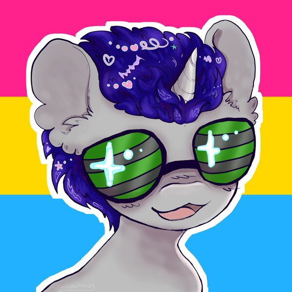Size: 3000x3000 | Tagged: safe, artist:larvaecandy, derpibooru import, oc, oc:phes, unofficial characters only, pony, unicorn, :3, big ears, blue mane, bust, commission, ear fluff, glasses, gray coat, horn, icon, image, jpeg, male, open mouth, open smile, outline, pansexual pride flag, pride, pride flag, profile picture, shiny mane, short mane, smiling, stallion, unicorn horn, unicorn oc