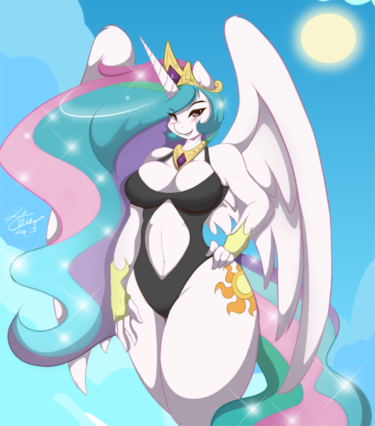 Size: 900x1023 | Tagged: safe, artist:mastergodai, derpibooru import, princess celestia, alicorn, anthro, 2013, clothes, crown, g4, image, jewelry, ocean, png, regalia, sun, swimsuit, water