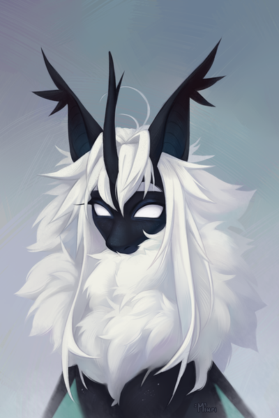 Size: 3000x4500 | Tagged: safe, artist:miurimau, derpibooru import, oc, unofficial characters only, abstract background, blank eyes, bust, chest fluff, commission, fluffy, high res, image, kirin hybrid, png, solo