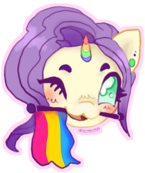 Size: 756x900 | Tagged: oc name needed, safe, artist:larvaecandy, derpibooru import, oc, unofficial characters only, pony, unicorn, :3, blush scribble, blushing, colored eyebrows, colored eyelashes, colored horn, commission, cream coat, ear piercing, earring, gauges, green eyes, head only, horn, image, jewelry, long mane, mouth hold, multicolored horn, not rarity, one eye closed, open mouth, open smile, outline, pansexual pride flag, piercing, png, pride, pride flag, purple mane, rainbow horn, shiny mane, short horn, simple background, small horn, smiling, solo, transparent background, unicorn oc, wavy mane, wingding eyes, wink