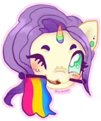 Size: 756x900 | Tagged: oc name needed, safe, artist:larvaecandy, derpibooru import, oc, unofficial characters only, pony, unicorn, :3, blush scribble, blushing, colored eyebrows, colored eyelashes, colored horn, commission, cream coat, ear piercing, earring, gauges, green eyes, head only, horn, image, jewelry, long mane, mouth hold, multicolored horn, not rarity, one eye closed, open mouth, open smile, outline, pansexual pride flag, piercing, png, pride, pride flag, purple mane, rainbow horn, shiny mane, short horn, simple background, small horn, smiling, solo, transparent background, unicorn oc, wavy mane, wingding eyes, wink