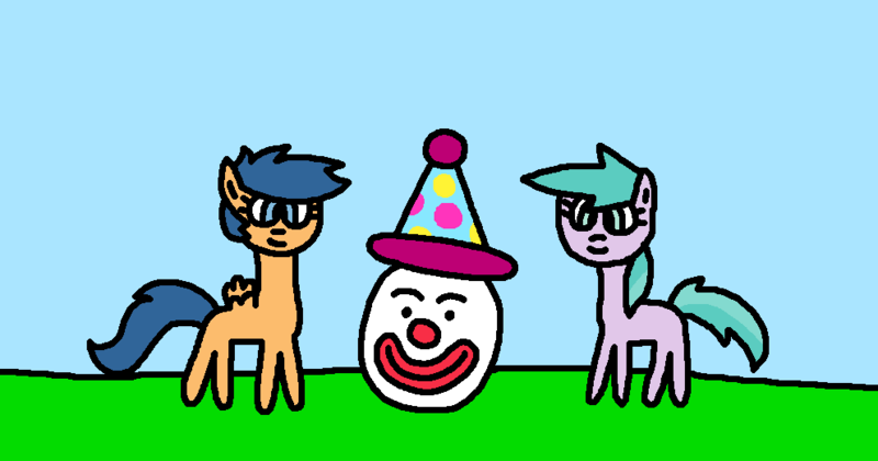 Size: 991x520 | Tagged: safe, artist:the-rainbow-nigga420, first base, earth pony, pegasus, pony, 1000 hours in ms paint, adorabase, april fools, april fools joke, aura (g4), aurabetes, ball, blank flank, clown, clown ball, clown hat, clown nose, cute, duo, female, field, filly, g4, grass, grass field, hat, image, ms paint, outdoors, paint.net, pegasus first base, png, prank, race swap, small wings, smiling, wings