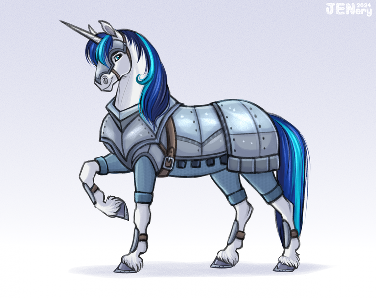Size: 2155x1710 | Tagged: safe, artist:jenery, derpibooru import, shining armor, pony, unicorn, armor, chainmail, chanfron, g4, gradient background, hoers, horn, horseshoes, image, male, plate armor, png, raised hoof, solo, solo male, stallion