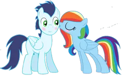 Size: 869x535 | Tagged: safe, artist:rulette, derpibooru import, rainbow dash, soarin', pegasus, pony, female, image, kiss on the cheek, kissing, male, mare, png, shipping, simple background, soarindash, stallion, straight, transparent background