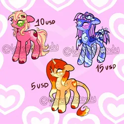 Size: 1440x1440 | Tagged: safe, artist:larvaecandy, derpibooru import, oc, unofficial characters only, classical unicorn, earth pony, pegasus, unicorn, :3, adoptable, beanbrows, big ears, blonde mane, blonde tail, blue coat, body freckles, cloven hooves, coat markings, colored eartips, colored eyebrows, colored hooves, colored wings, curly mane, earth pony oc, eye clipping through hair, eyebrows, facial markings, floppy ears, freckles, green eyes, horn, image, jpeg, leonine tail, long mane, long tail, multicolored mane, multicolored tail, multicolored wings, neck bow, one wing out, orange coat, orange eyes, pegasus oc, pink coat, purple eyes, purple mane, purple tail, small wings, smiling, socks (coat marking), straight mane, tail, trio, unicorn oc, unshorn fetlocks, watermark, wingding eyes, wings