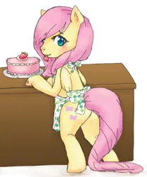 Size: 556x668 | Tagged: artist needed, safe, derpibooru import, fluttershy, apron, blushing, cake, clothes, food, g4, image, png, standing on two hooves, strawberry