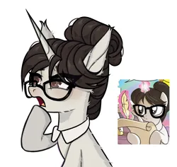 Size: 2575x2435 | Tagged: safe, artist:justsadluna, derpibooru import, idw, raven, pony, unicorn, spoiler:comicm08, female, g4, glasses, hair bun, horn, image, looking up, magic, mare, necktie, open mouth, png, pondering, scroll, secretary, simple background, white background
