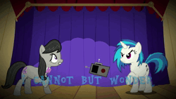 Size: 1920x1080 | Tagged: semi-grimdark, artist:epicheavytf2, artist:pyrogaming, derpibooru import, bon bon, octavia melody, sweetie drops, vinyl scratch, earth pony, pony, unicorn, fanfic:autograph, angry, animated, argument, colored text, crying, detonator, editing mistake, friday night funkin', g4, horn, image, looking at you, lying down, mario madness, oh god no, remake, remix, sad, shocked, side, silhouette, song, song cover, stage, text, this will end in death, this will end in tears, video, webm, with sound