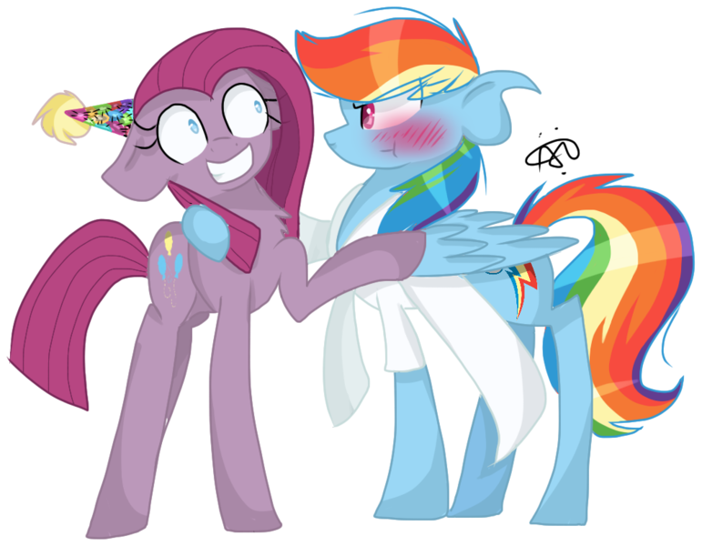 Size: 1044x812 | Tagged: safe, artist:gallantserver, derpibooru import, pinkie pie, rainbow dash, pony, fanfic:rainbow factory, blushing, fanfic art, g4, hat, image, party hat, pinkamena diane pie, png, rainbow factory dash, simple background, transparent background