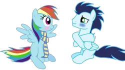 Size: 1005x562 | Tagged: safe, artist:rulette, derpibooru import, rainbow dash, soarin', pegasus, pony, clothes, cold, female, gentlemen, image, male, mare, png, scarf, shipping, simple background, soarindash, stallion, straight, transparent background