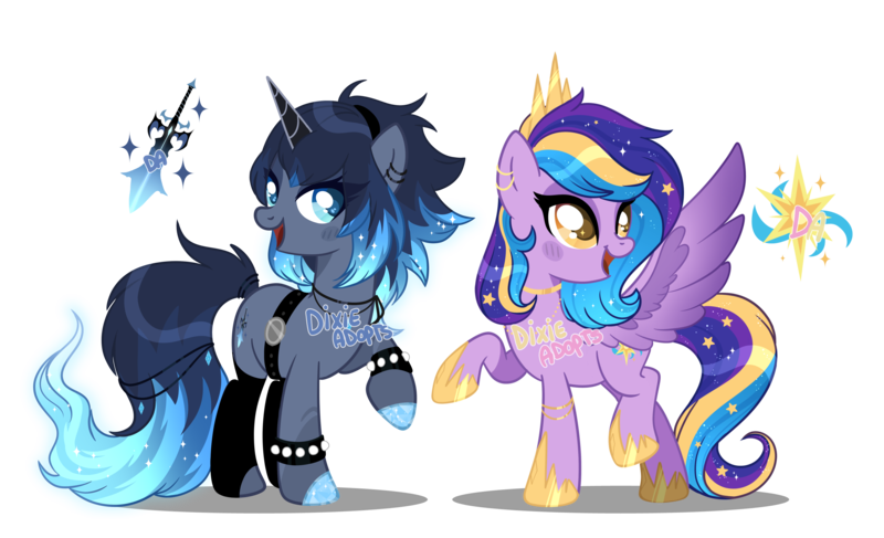 Size: 3328x2026 | Tagged: safe, artist:dixieadopts, derpibooru import, oc, oc:orchid night, oc:star swing, unofficial characters only, pegasus, pony, unicorn, female, horn, image, mare, png, simple background, transparent background