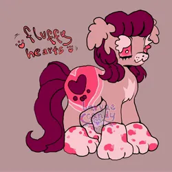 Size: 4000x4000 | Tagged: safe, artist:larvaecandy, derpibooru import, oc, oc:fluffy hearts, unofficial characters only, earth pony, pony, :3, absurd resolution, adoptable, ambiguous gender, chest fluff, coat markings, ear fluff, earth pony oc, eyelashes, floppy ears, hoof shoes, image, jpeg, long mane, long tail, pink coat, pink eyes, purple background, purple mane, purple tail, red text, simple background, smiling, solo, tail, text, watermark, wingding eyes