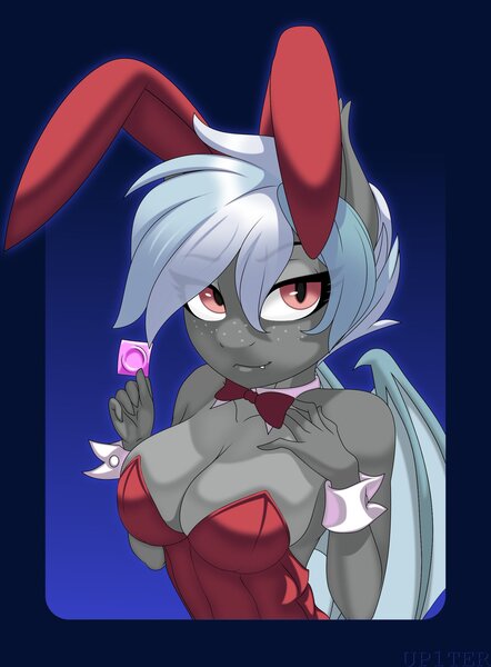 Size: 1507x2048 | Tagged: artist needed, suggestive, derpibooru import, oc, oc:lotus fang, unofficial characters only, anthro, bat pony, pony, animal costume, bedroom eyes, big breasts, breasts, bunny costume, clothes, condom, costume, female, image, jpeg, looking at you, mare, sexy