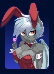 Size: 1507x2048 | Tagged: artist needed, suggestive, derpibooru import, oc, oc:lotus fang, unofficial characters only, anthro, bat pony, pony, animal costume, bedroom eyes, big breasts, breasts, bunny costume, clothes, condom, costume, female, image, jpeg, looking at you, mare, sexy