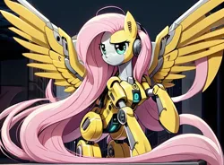 Size: 1952x1440 | Tagged: safe, ai content, derpibooru import, editor:giantpony, machine learning assisted, machine learning generated, prompter:giantpony, fluttershy, pegasus, pony, robot, robot pony, amalgamation, artificial wings, augmented, autobot, cute, cybertronian, female, g4, generator:bing image creator, generator:dall-e 3, generator:openart.ai, image, implied fusion, long hair, long mane, mashup, png, robotic, shyabetes, solo, transformers, wings