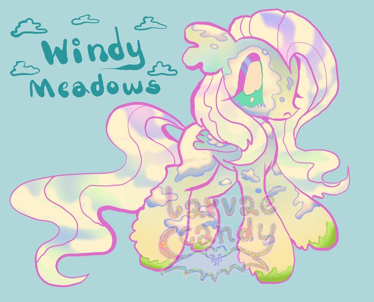 Size: 3852x3106 | Tagged: safe, artist:larvaecandy, derpibooru import, oc, oc:windy meadows, unofficial characters only, pegasus, pony, adoptable, blue background, blue text, colored hooves, colored wings, ear fluff, eyelashes, floppy ears, folded wings, frown, gradient coat, gradient legs, high res, image, jpeg, leg fluff, multicolored coat, multicolored mane, multicolored tail, not fluttershy, pegasus oc, profile, simple background, sky mane, sky tail, small wings, solo, tail, teal eyes, text, two toned wings, unshorn fetlocks, watermark, wings