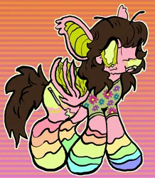 Size: 3336x3832 | Tagged: safe, artist:larvaecandy, derpibooru import, oc, oc:batty, unofficial characters only, bat pony, pony, antennae, bat pony oc, bat wings, big ears, big eyes, blush scribble, blushing, brown mane, brown tail, clothes, colored muzzle, colored pinnae, colored sclera, colored wings, ear tufts, eye clipping through hair, fangs, green eyes, green sclera, image, jpeg, long mane, long socks, long tail, looking at you, outline, partially open wings, patterned background, pink coat, rainbow socks, sharp teeth, smiling, smiling at you, socks, solo, striped socks, tail, teeth, two toned wings, veiny wings, wings