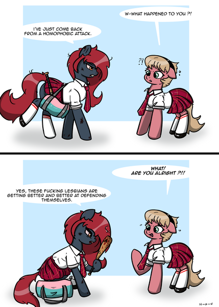 Size: 1401x1961 | Tagged: safe, artist:n-o-n, derpibooru import, oc, oc:jessi-ka, oc:kate, unofficial characters only, earth pony, pony, 2 panel comic, bag, bait and switch, baseball bat, blood, clothes, comic, duo, female, females only, image, injured, mare, necktie, png, school uniform, shoes, skirt, socks