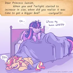 Size: 2166x2166 | Tagged: safe, artist:overlordneon, derpibooru import, sunset shimmer, twilight sparkle, twilight sparkle (alicorn), alicorn, pony, alicornified, ask, bed, bed mane, duo, duo female, eyes closed, female, floppy ears, image, jpeg, lesbian, mare, messy mane, onomatopoeia, open mouth, open smile, race swap, shimmercorn, shipping, smiling, sound effects, sunsetsparkle, zzz