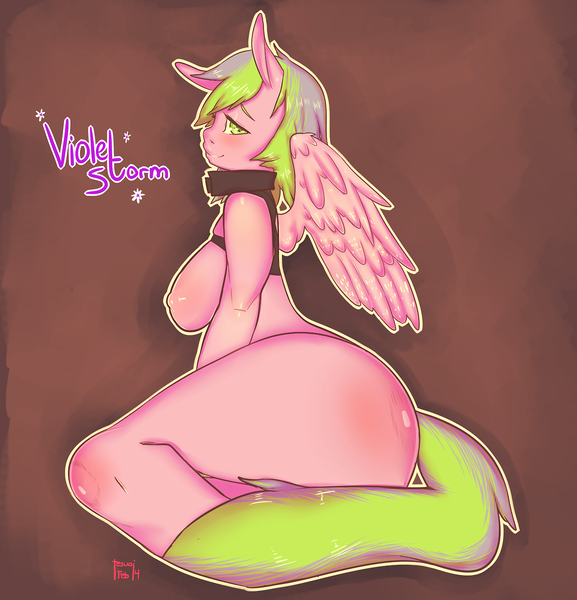 Size: 1280x1331 | Tagged: questionable, artist:tesuai, derpibooru import, oc, oc:violet storm, unofficial characters only, anthro, pegasus, aside glance, breasts, collar, female, female oc, green eyes, image, looking at you, lying down, nipples, nudity, pegasus oc, png, reasonably sized breasts, side, sideways glance, signature, solo, solo female, thighs, thunder thighs, wings