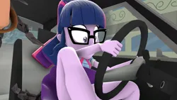 Size: 1920x1080 | Tagged: suggestive, artist:ontheedgeht, derpibooru import, sci-twi, twilight sparkle, equestria girls, equestria girls series, 3d, car interior, driving, female, g4, image, png, solo