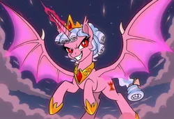 Size: 1216x832 | Tagged: safe, ai content, machine learning generated, prompter:axeleif, cozy glow, alicorn, pony, alicornified, bat wings, cloud, cozycorn, crown, demon wings, evil, evil smirk, flying, glowing horn, horn, image, jewelry, jpeg, peytral, prompt in description, pure concentrated unfiltered evil of the utmost potency, pure unfiltered evil, race swap, regalia, sky, solo, wings