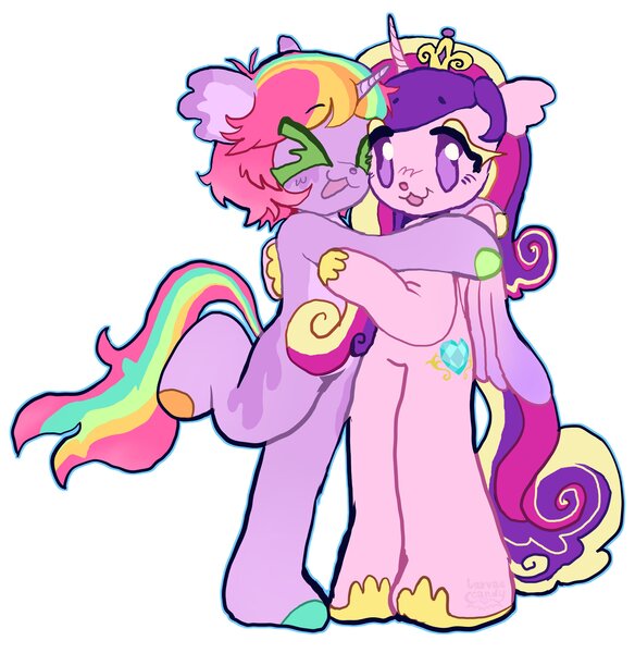 Size: 3988x4096 | Tagged: oc name needed, safe, artist:larvaecandy, derpibooru import, princess cadance, oc, alicorn, pony, semi-anthro, unicorn, :3, ><, ahoge, ambiguous gender, beanbrows, canon x oc, colored eyelashes, colored hooves, colored pinnae, colored wings, commission, crown, curly mane, curly tail, curved horn, duo, ear fluff, eye clipping through hair, eyebrows, eyebrows visible through hair, eyes closed, floating eyebrows, floppy ears, g4, gradient wings, high res, hoof shoes, hooves, horn, hug, image, jewelry, jpeg, long mane, long tail, multicolored hair, multicolored hooves, multicolored mane, multicolored tail, open mouth, open smile, outline, partially open wings, pink coat, princess shoes, purple coat, rainbow hair, rainbow tail, raised leg, regalia, short mane, simple background, smiling, tail, tiara, two toned wings, unicorn horn, unicorn oc, wall of tags, white background, wings, ych result