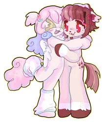 Size: 3721x4096 | Tagged: oc name needed, safe, artist:larvaecandy, derpibooru import, oc, unofficial characters only, earth pony, pegasus, pony, semi-anthro, :3, ><, ambiguous gender, arm fluff, blush scribble, blushing, bow, chest fluff, clothes, coat markings, colored eyelashes, colored hooves, colored wings, commission, curly mane, curly tail, duo, ear fluff, earth pony oc, eye clipping through hair, eyes closed, eyeshadow, floppy ears, folded wings, hair accessory, hair bow, hairclip, high res, hug, image, jpeg, leg warmers, lidded eyes, long mane, long tail, looking at each other, looking at someone, makeup, oc x oc, open mouth, open smile, outline, pegasus oc, pink coat, pink tail, raised leg, red eyes, shipping, simple background, smiling, smiling at each other, socks (coat marking), straight mane, straight tail, tail, two toned mane, two toned tail, unshorn fetlocks, white background, wingding eyes, wings, ych result