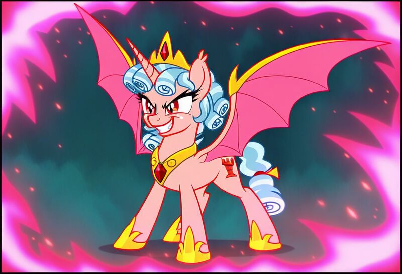 Size: 1216x832 | Tagged: safe, ai content, machine learning generated, prompter:axeleif, cozy glow, alicorn, pony, alicornified, bat wings, cozycorn, crown, demon wings, evil, evil smirk, glowing horn, horn, image, jewelry, jpeg, magic fire, peytral, prompt in description, pure concentrated unfiltered evil of the utmost potency, pure unfiltered evil, race swap, regalia, sky, solo, wings