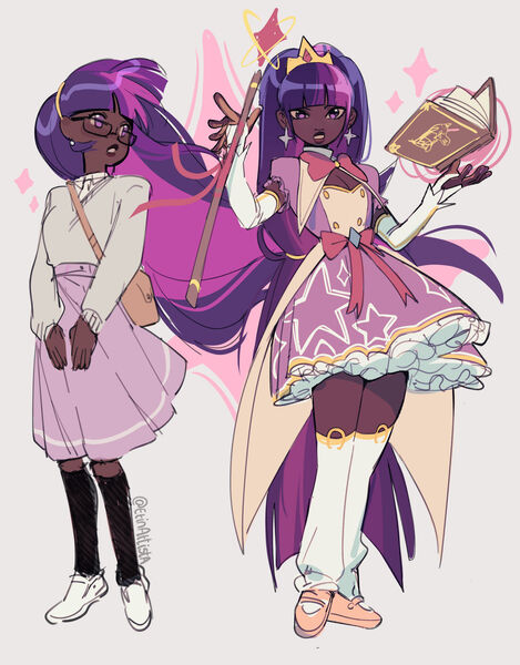 Size: 1280x1639 | Tagged: safe, artist:erinartista, derpibooru import, twilight sparkle, human, bag, blackwashing, book, clothes, crown, dark skin, dress, ear piercing, earring, female, flats, glasses, humanized, image, jewelry, jpeg, magic, magical girl, magical girl transformation, piercing, regalia, shirt, shoes, simple background, skirt, sneakers, socks, solo, staff, stockings, sweater, thigh highs, white background