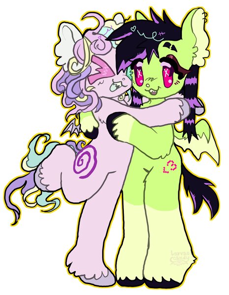 Size: 3181x4096 | Tagged: oc name needed, safe, artist:larvaecandy, derpibooru import, oc, unofficial characters only, bat pony, pony, semi-anthro, :3, ><, ahoge, ambiguous gender, bat pony oc, bat wings, big ears, blush scribble, blushing, coat markings, colored eyelashes, colored hooves, colored mouth, colored pinnae, colored wings, commission, curly mane, curly tail, duo, ear fluff, ear piercing, earring, eye clipping through hair, eyebrow slit, eyebrows, eyes closed, eyeshadow, fangs, floppy ears, green coat, heterochromia, high res, image, jewelry, jpeg, lidded eyes, long mane, makeup, multicolored mane, multicolored tail, oc x oc, open mouth, open smile, piercing, pink eyes, purple coat, scene hair, shipping, short tail, simple background, small wings, smiling, socks (coat marking), spread wings, straight mane, straight tail, tail, two toned mane, two toned tail, two toned wings, unshorn fetlocks, unusual pupils, wall of tags, white background, wings, ych result