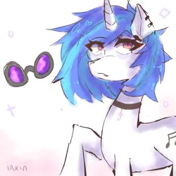Size: 1280x1280 | Tagged: safe, artist:inxinfate, derpibooru import, vinyl scratch, pony, unicorn, choker, ear piercing, earring, eye clipping through hair, female, g4, horn, image, jewelry, mare, piercing, png, raised hoof, signature, simple background, solo, vinyl's glasses, white background