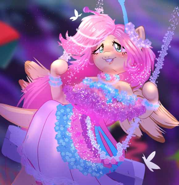 Size: 2558x2646 | Tagged: safe, artist:peanutfrogy, derpibooru import, fluttershy, anthro, butterfly, insect, pegasus, pony, antennae, beautiful, blushing, choker, clothes, cute, dress, fangs, female, flower, flowing mane, glitter, image, lace, pearl, png, pretty, raised leg, shyabetes, smiling, solo, solo female, sparkly eyes, sparkly mane, swing, swinging, the discord zone, wingding eyes